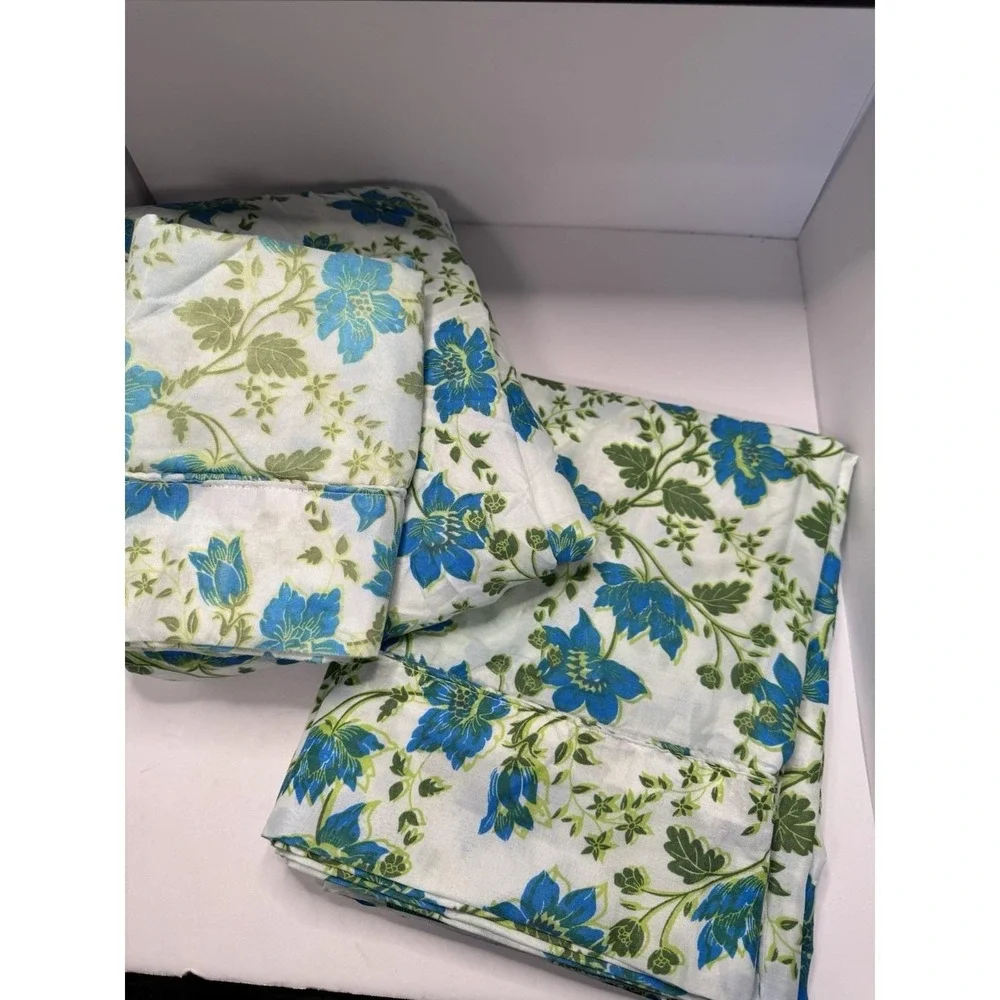 VTG Lot Twin Sheet 2 Set Flat Fitted Pillowcase Flower Power Groovy Florals Blue